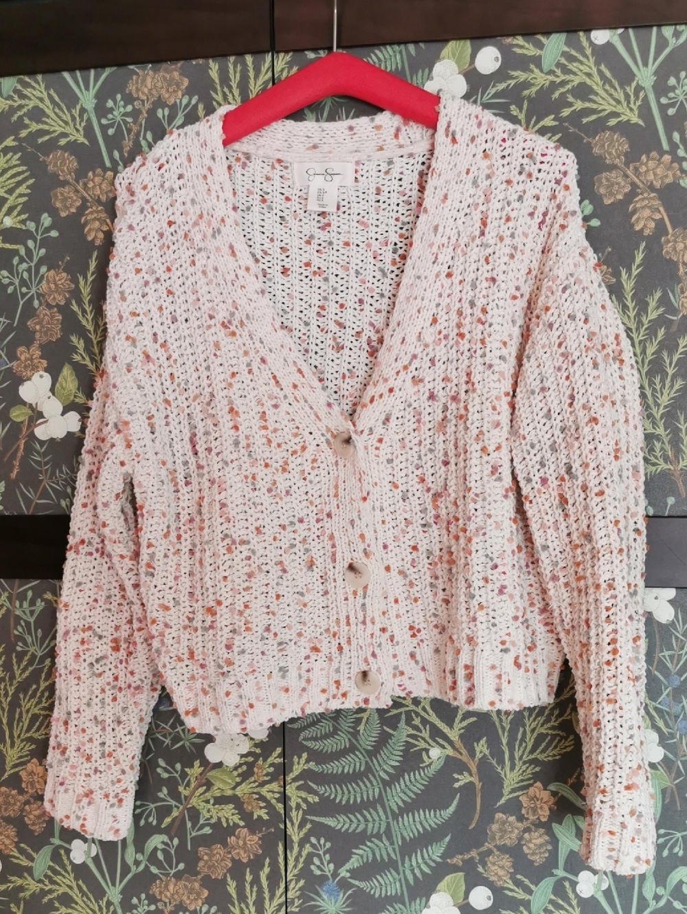 Jessica Simpson Cream Speckled Open-Front Cardigan with Pink and Orange Flecks